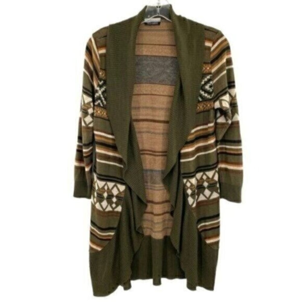 Allison Brittney Southwestern Aztec Long Cardigan Sweater Drape Open Front